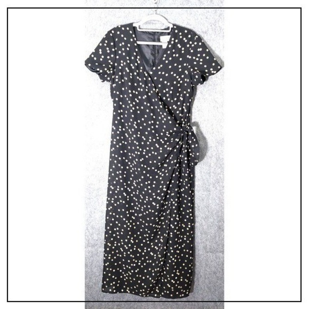 Coldwater Creek Maxi Dress 12 Black Short Slv Polka Dot Faux Wrap Chiffon‎ Retro